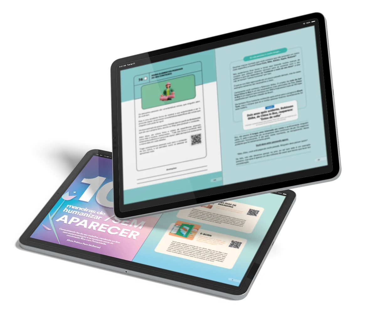 Dois iPads exibindo o miolo do Livro 100 Estratégias de Humanizar Sua Marca e Conteúdo Sem Aparecer, representando a versão digital.